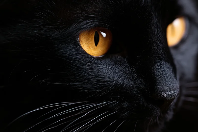 Close-up of a black cat's right side face showing intense orange eyes and whiskers in shadowed lighting