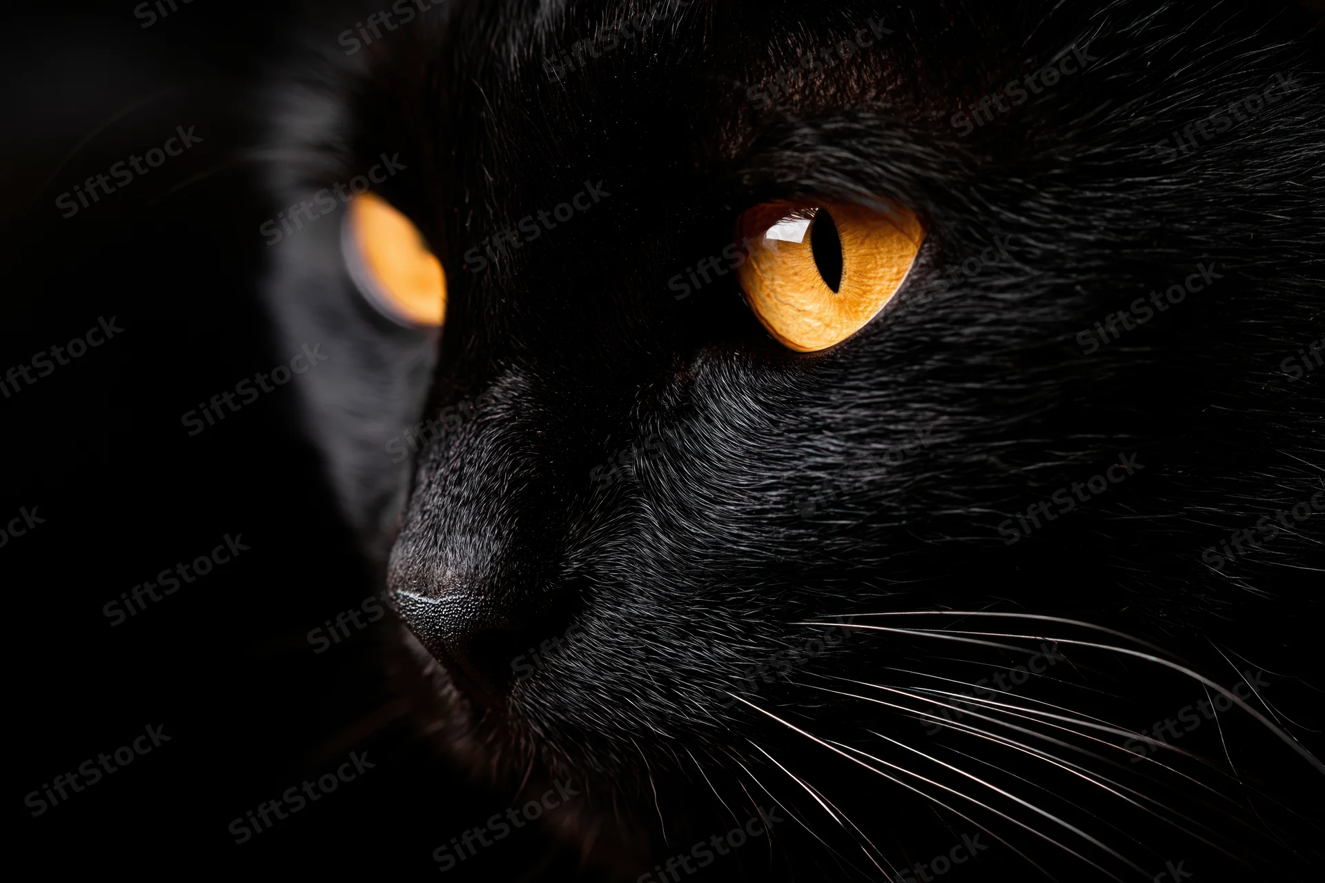Close-up of a black cat's right side face showing orange eyes and whiskers in dark lighting