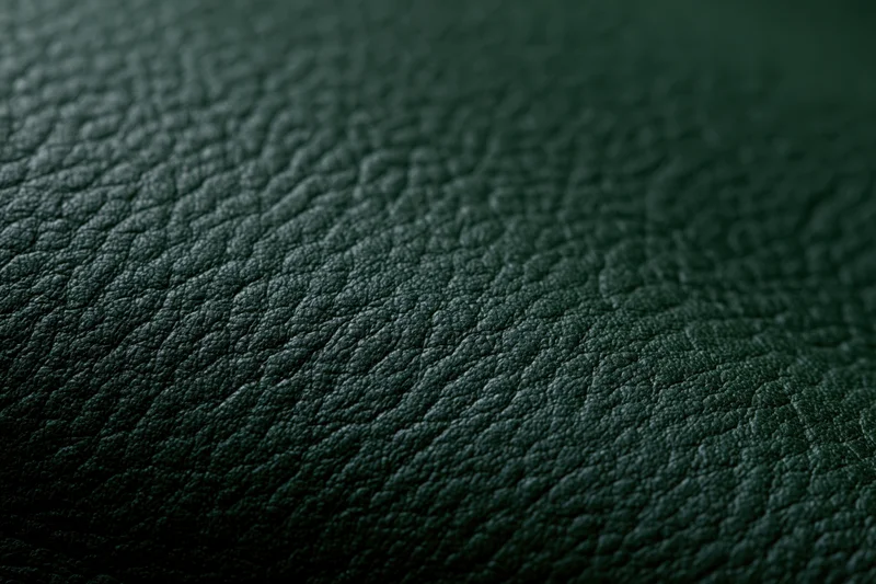 Close-up of dark forest green leather surface with pebbled texture and soft lighting