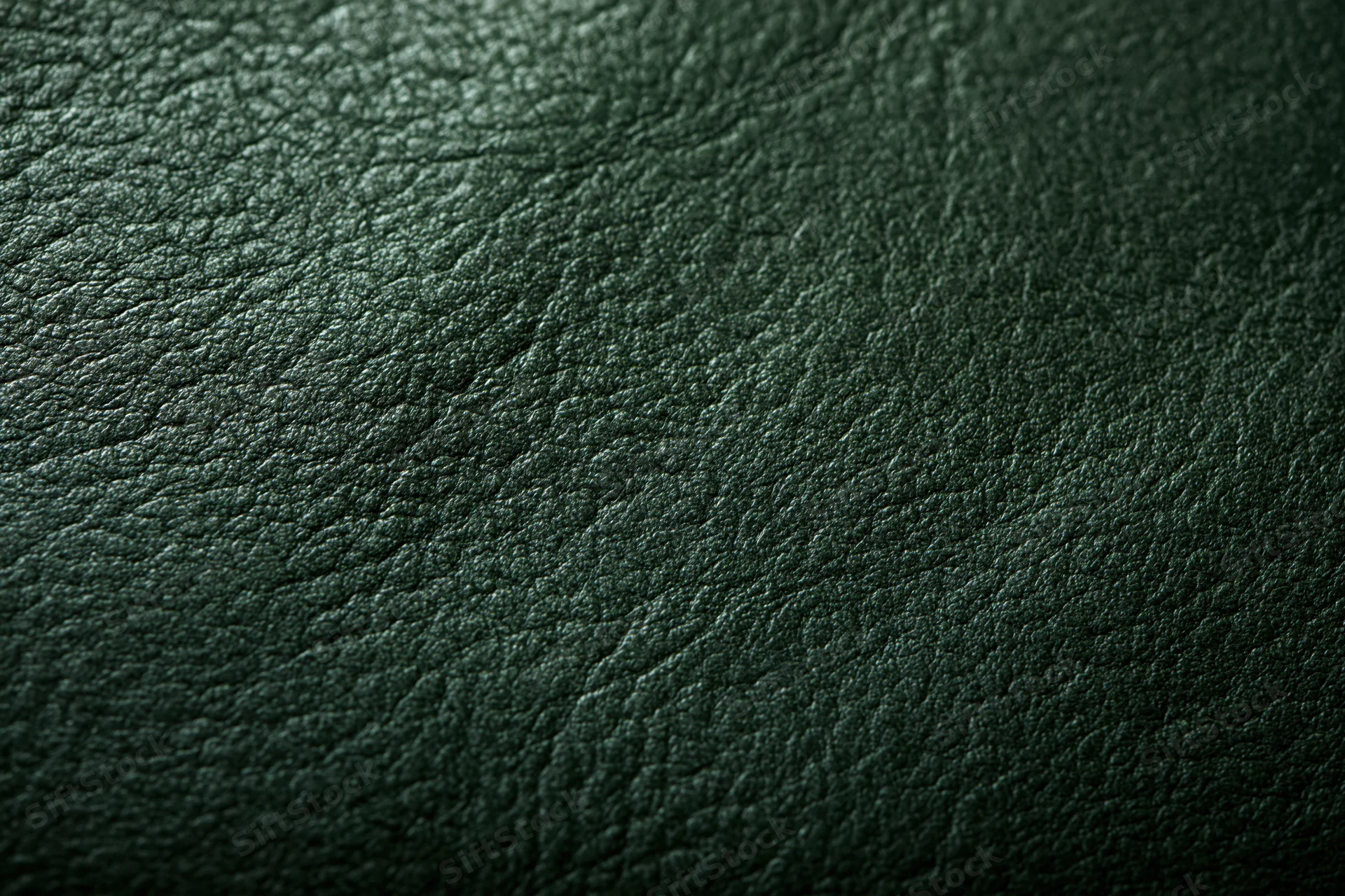 Close-up of dark forest green leather surface with visible grain and texture