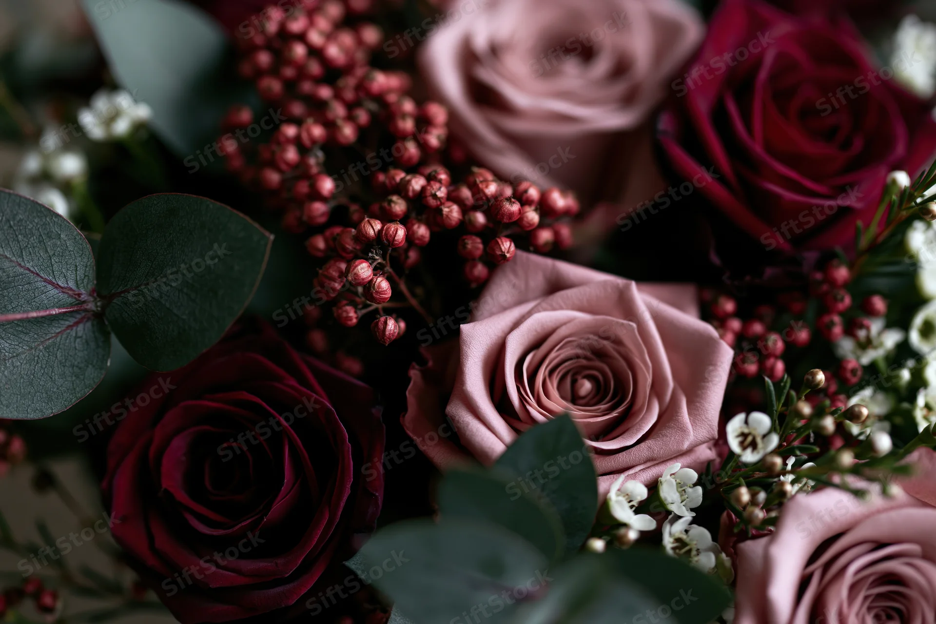 Close-up of a dense floral arrangement with dusty pink and burgundy roses, eucalyptus leaves, and small white flowers
