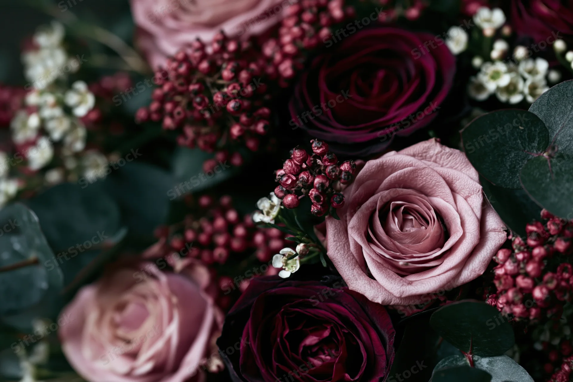 Close-up of a dense floral arrangement with dusty pink and deep burgundy roses, eucalyptus leaves, and red berries