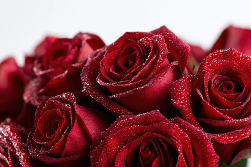Close-up of deep red roses with water droplets on petals, clustered together against white background