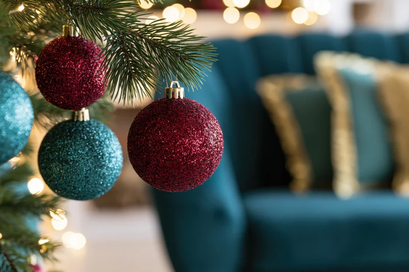 Glittery crimson and teal christmas ornaments hanging on a pine tree branch in a cozy living room with soft lights and a velvet sofa in the background