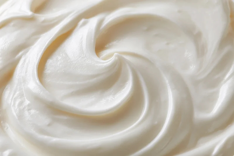 Close-up overhead view of thick creamy white yogurt with swirls