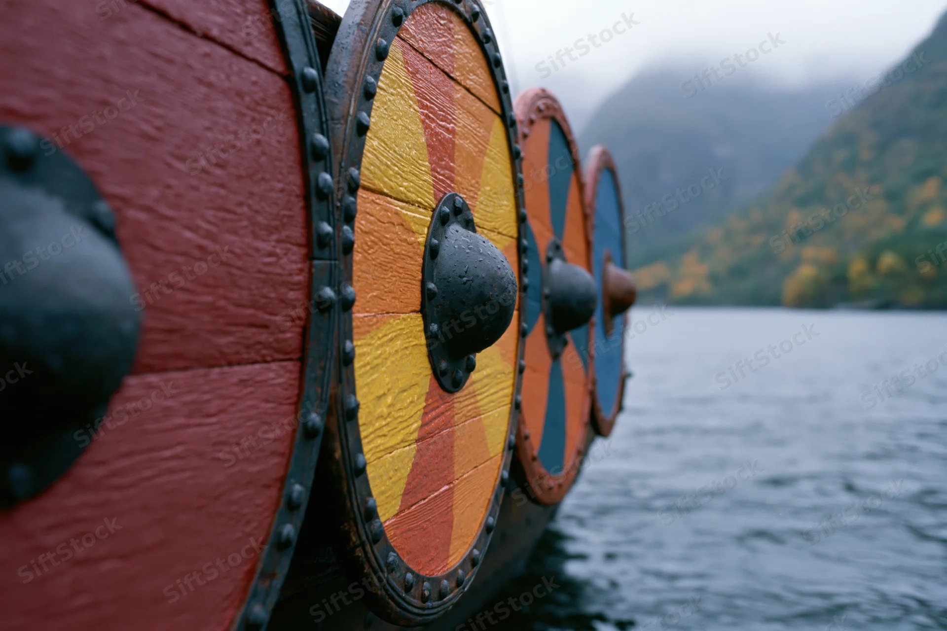 Viking longship hull with painted wooden shields lined along the side on a misty lake surrounded by autumn mountains