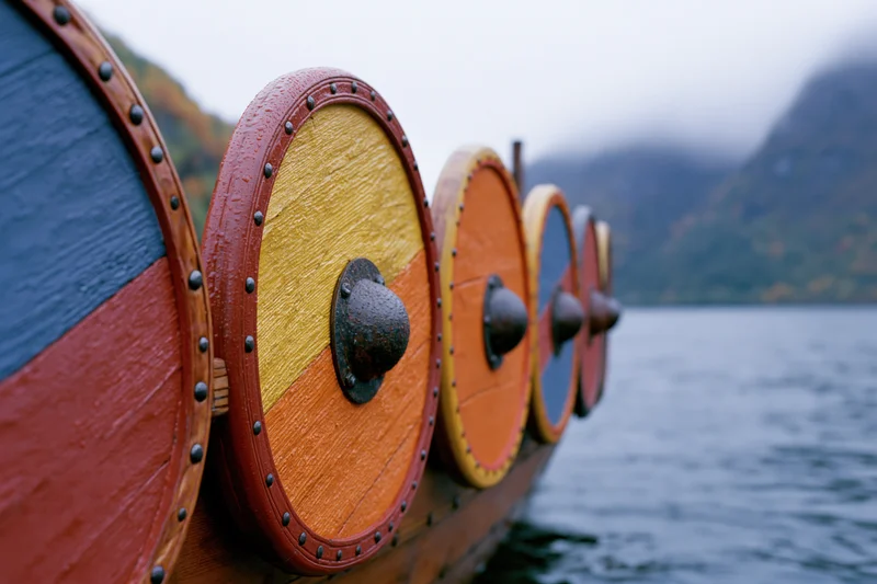 Row of painted wooden shields along a viking longship hull on a misty fjord
