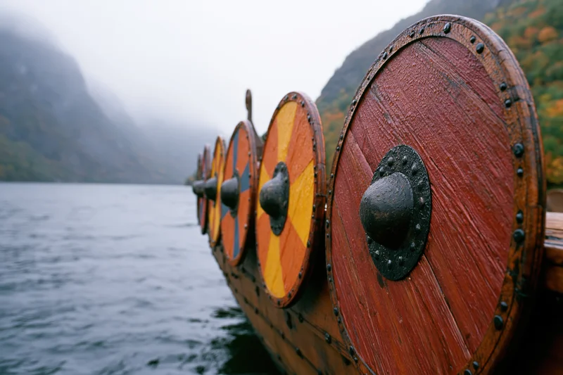 Viking longship with painted wooden shields along the hull floating on water near misty mountains
