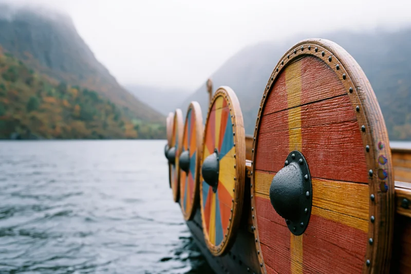 Viking longship hull with painted wooden shields lined along the side on a misty lake surrounded by autumn mountains