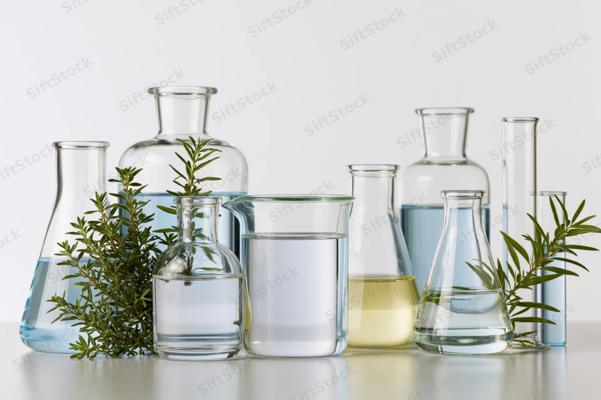 Clear glass laboratory beakers and flasks with rosemary sprigs and liquids arranged on a white surface