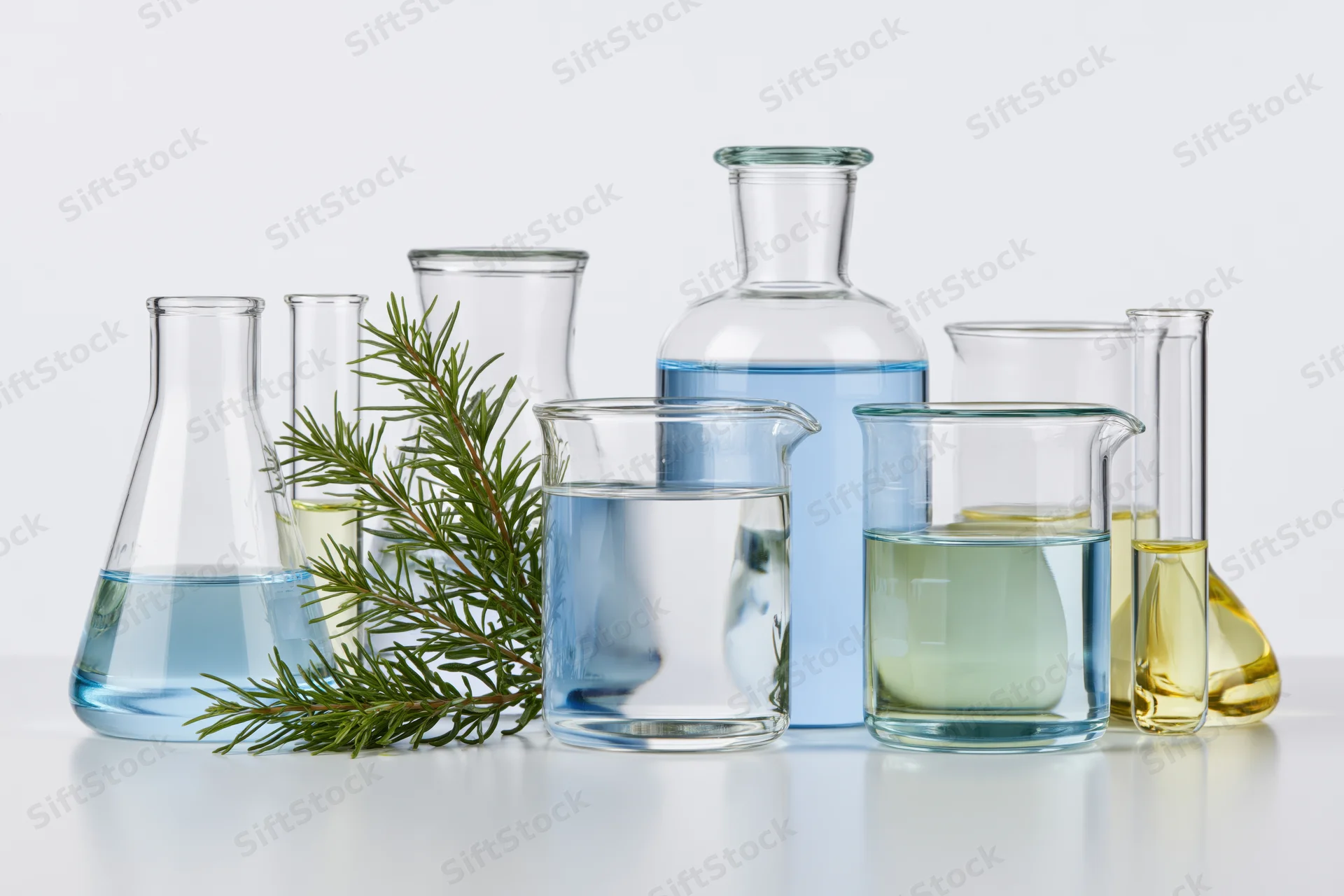 Clear glass laboratory beakers flasks and test tubes with colored liquids and a rosemary branch on a white surface