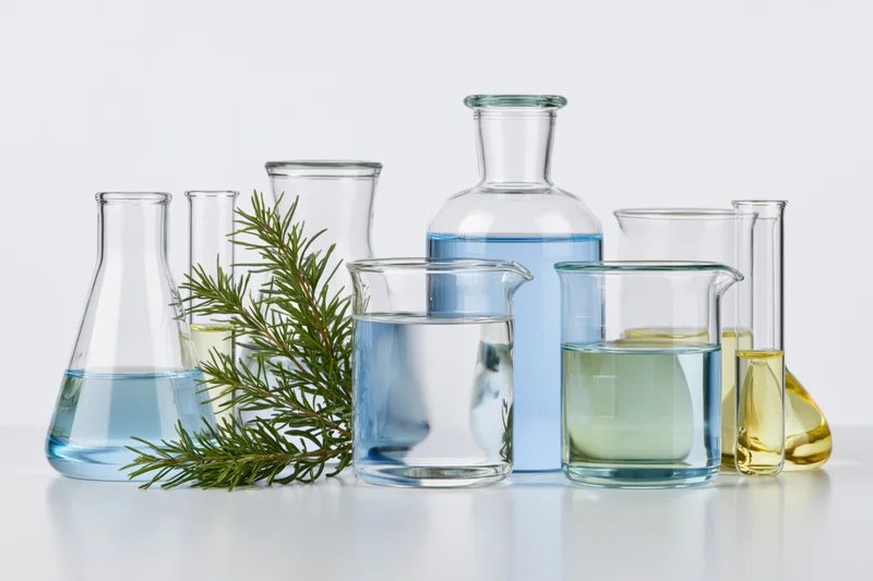 Clear glass laboratory beakers flasks and test tubes with colored liquids and a rosemary branch on a white surface
