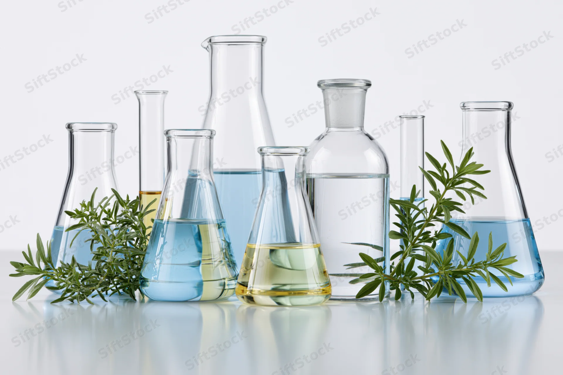 Glass laboratory flasks and beakers with blue and yellow liquids and fresh rosemary sprigs on a white surface