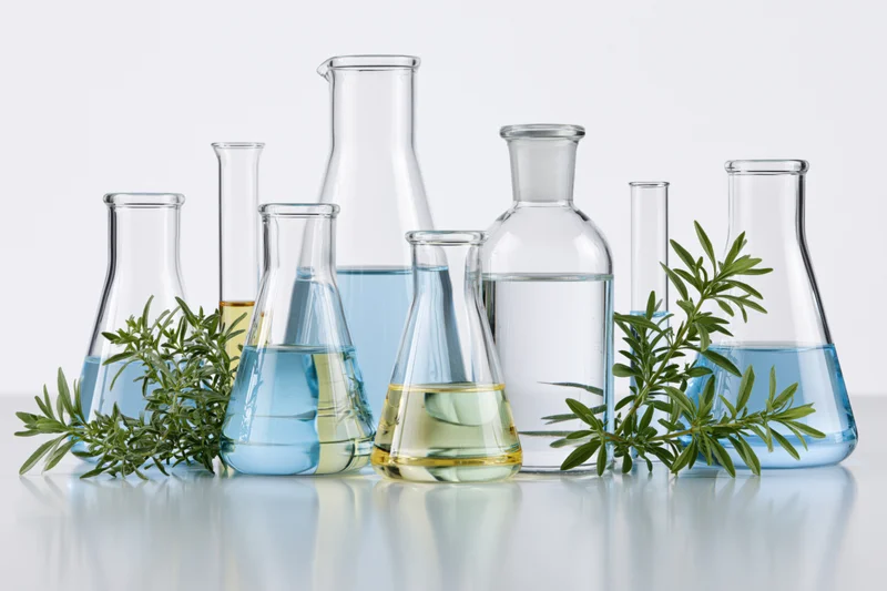 Glass laboratory flasks and beakers with blue and yellow liquids and fresh rosemary sprigs on a white surface