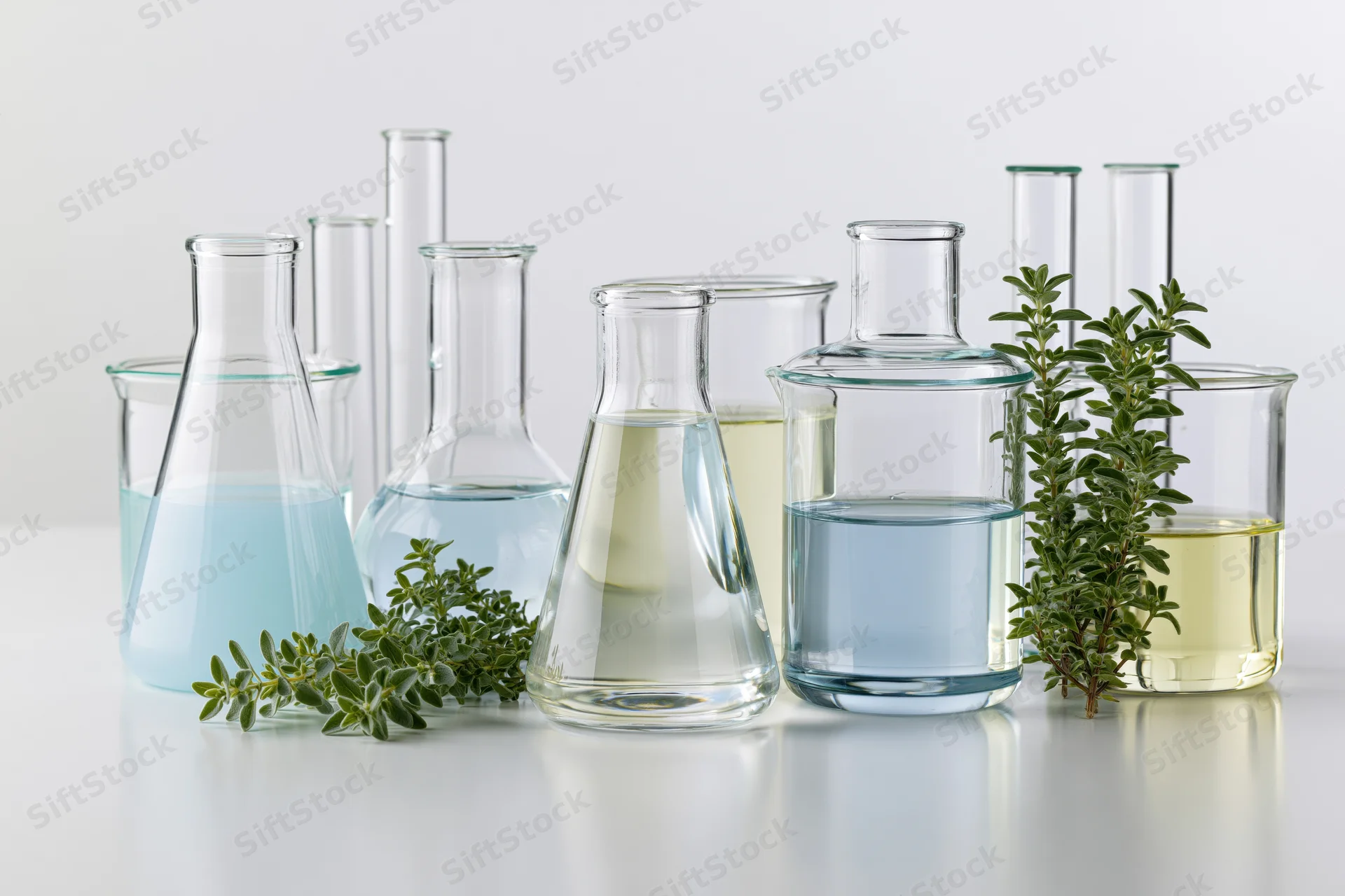 Laboratory glassware with blue and yellow liquids and rosemary sprigs on white surface