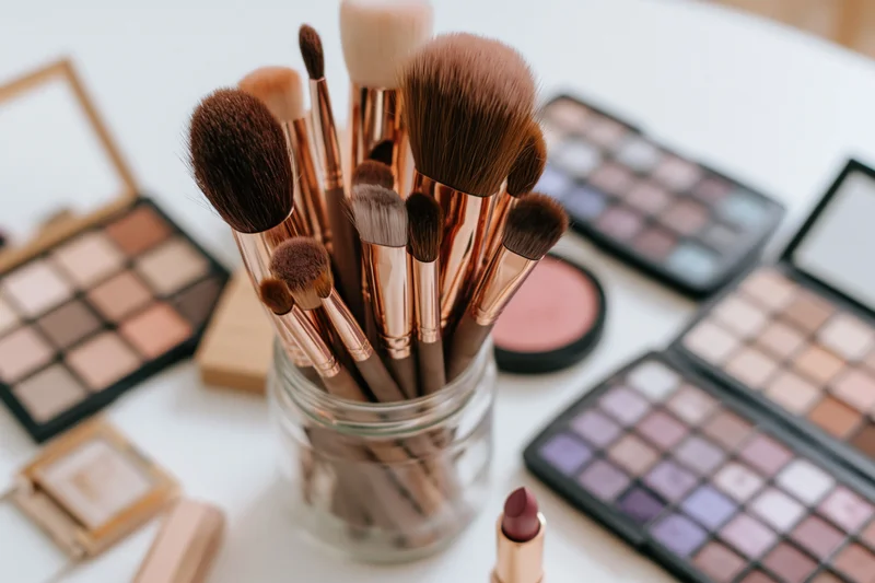 Makeup brushes in a glass jar surrounded by open palettes and cosmetics on a white surface
