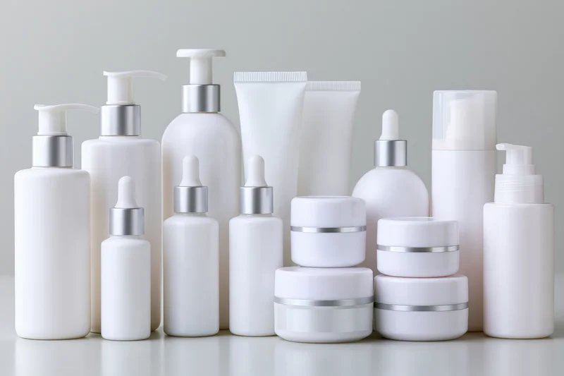 White skincare and cosmetic containers arranged on a plain surface with copy space