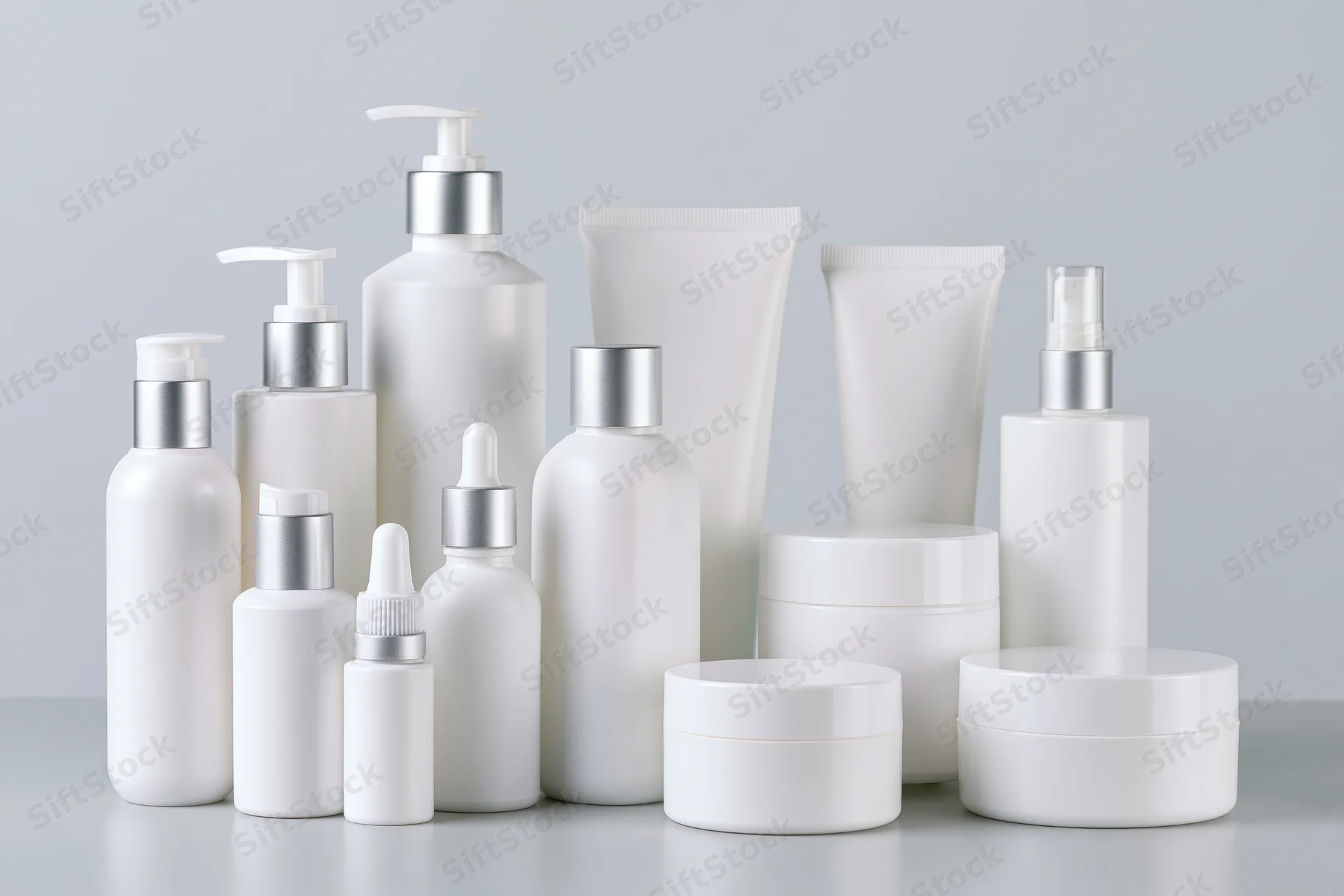 White skincare and cosmetic containers arranged on a light surface in a studio setting