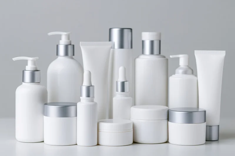 White skincare and cosmetic containers arranged on a plain surface