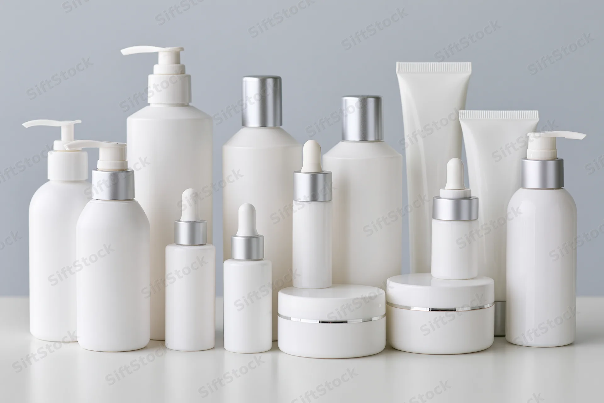White skincare and cosmetic containers arranged on a table against a light gray background