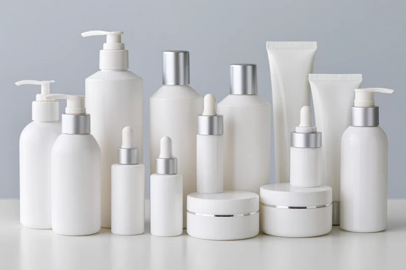 White skincare and cosmetic containers arranged on a table against a light gray background