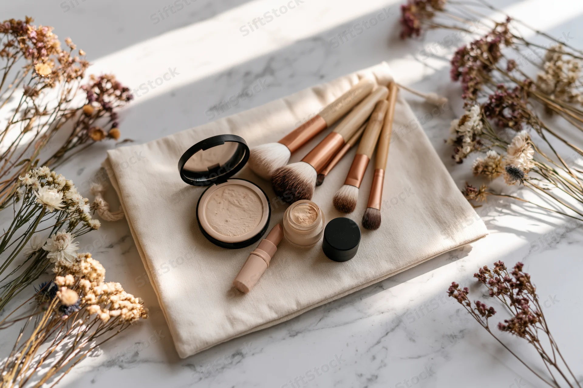 Makeup brushes and compact on cream canvas bag with dried flowers on marble surface