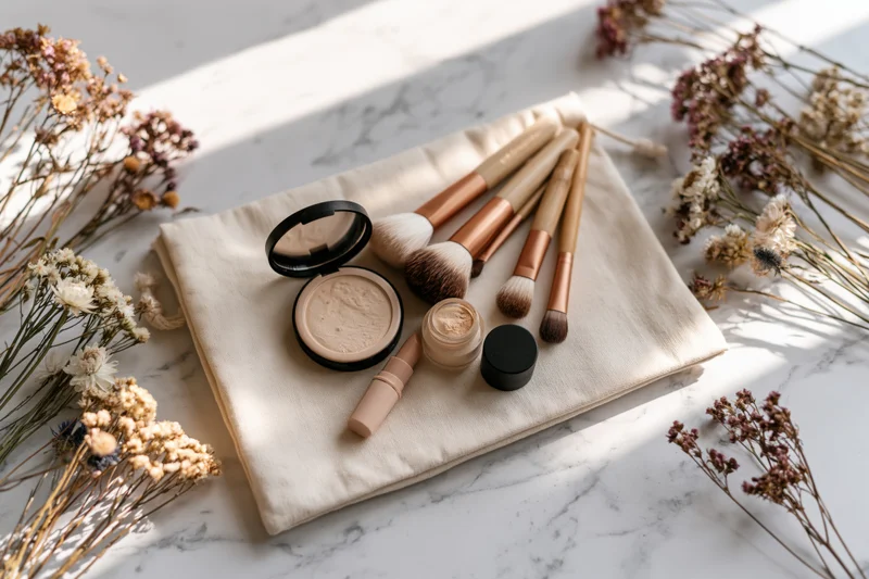 Makeup brushes and compact on cream canvas bag with dried flowers on marble surface