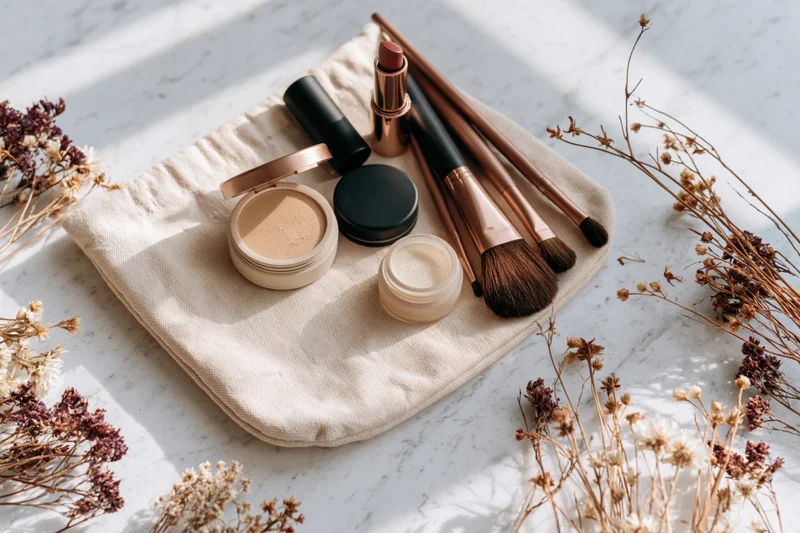 Makeup brushes and cosmetics arranged on a cream canvas bag with dried flowers on marble surface