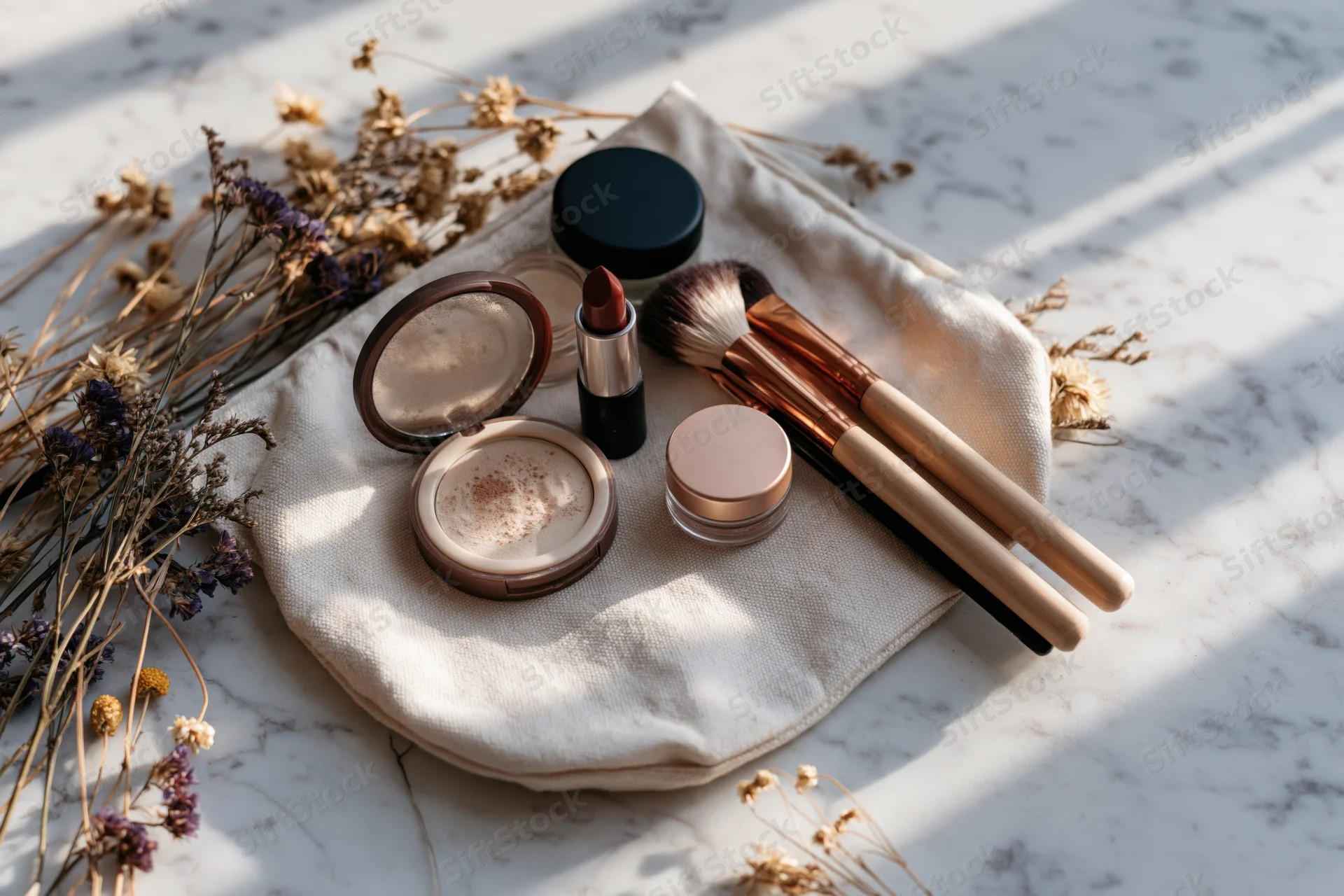 Makeup products arranged on a cream canvas bag with dried flowers on marble surface