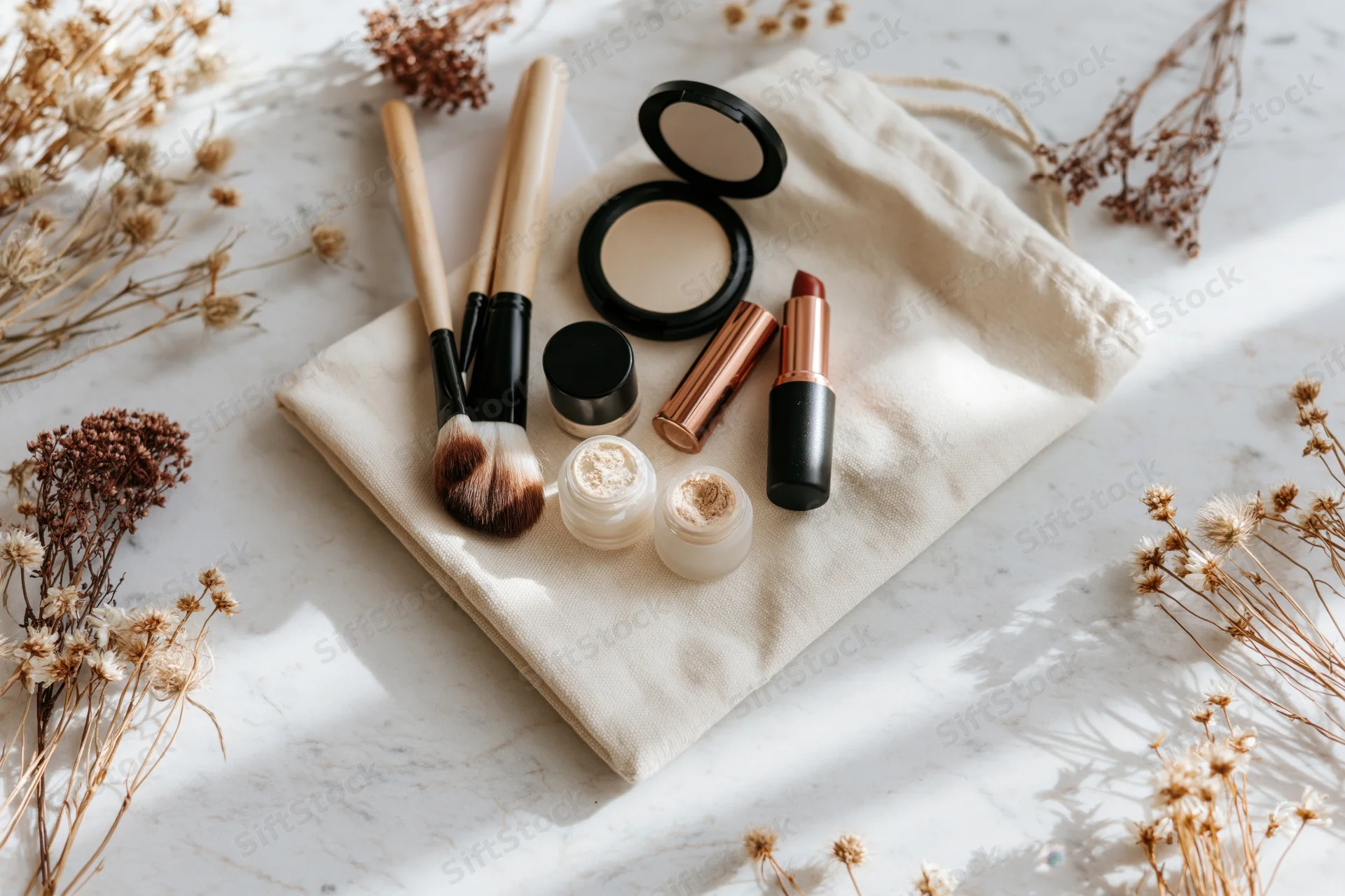 Makeup products arranged on a cream canvas bag with dried flowers on a white marble surface