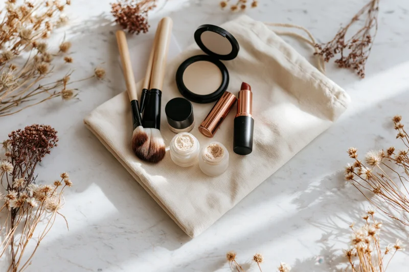 Makeup products arranged on a cream canvas bag with dried flowers on a white marble surface