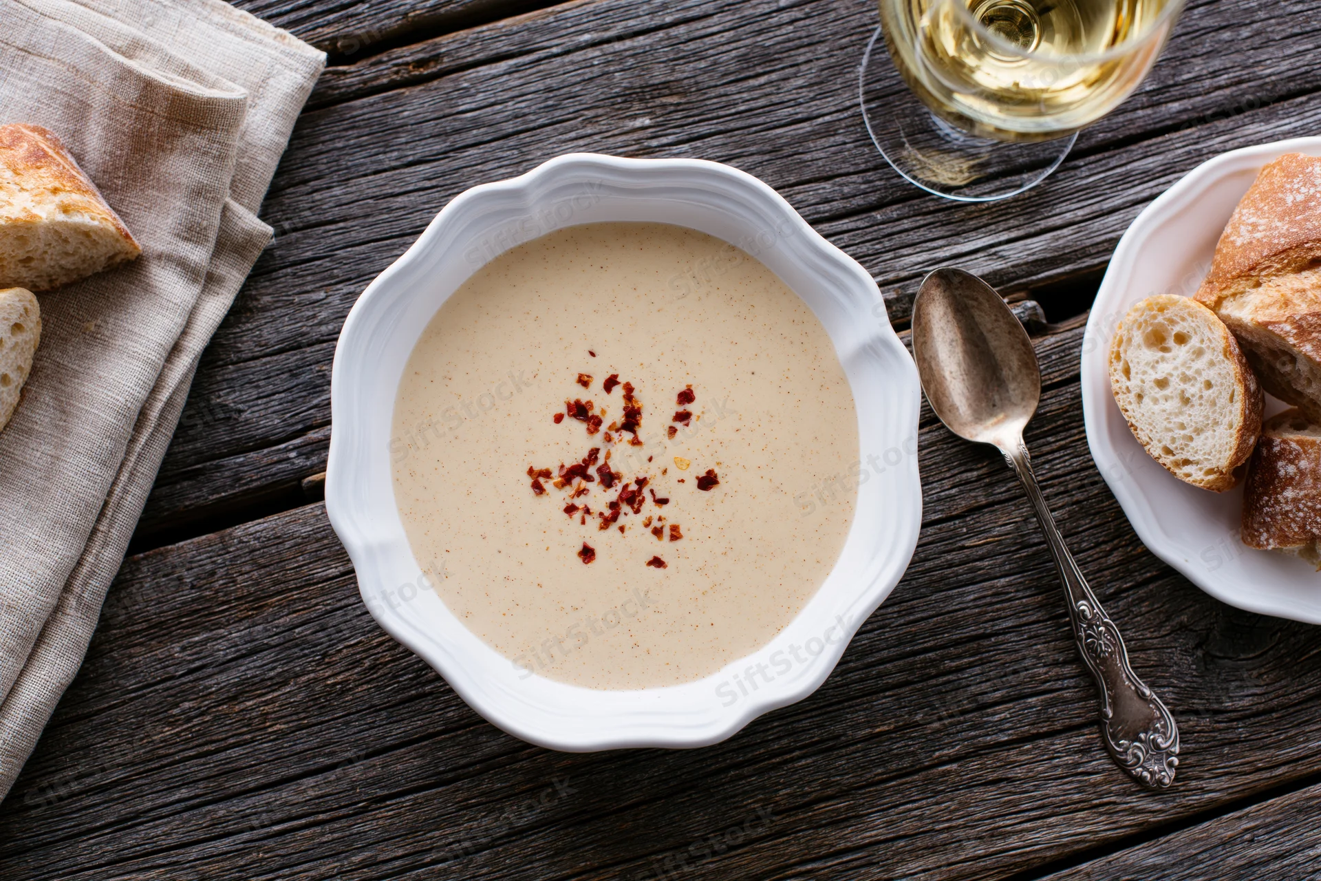 Cream soup with red pepper flakes in a white vintage bowl on a dark wooden table with bread and wine