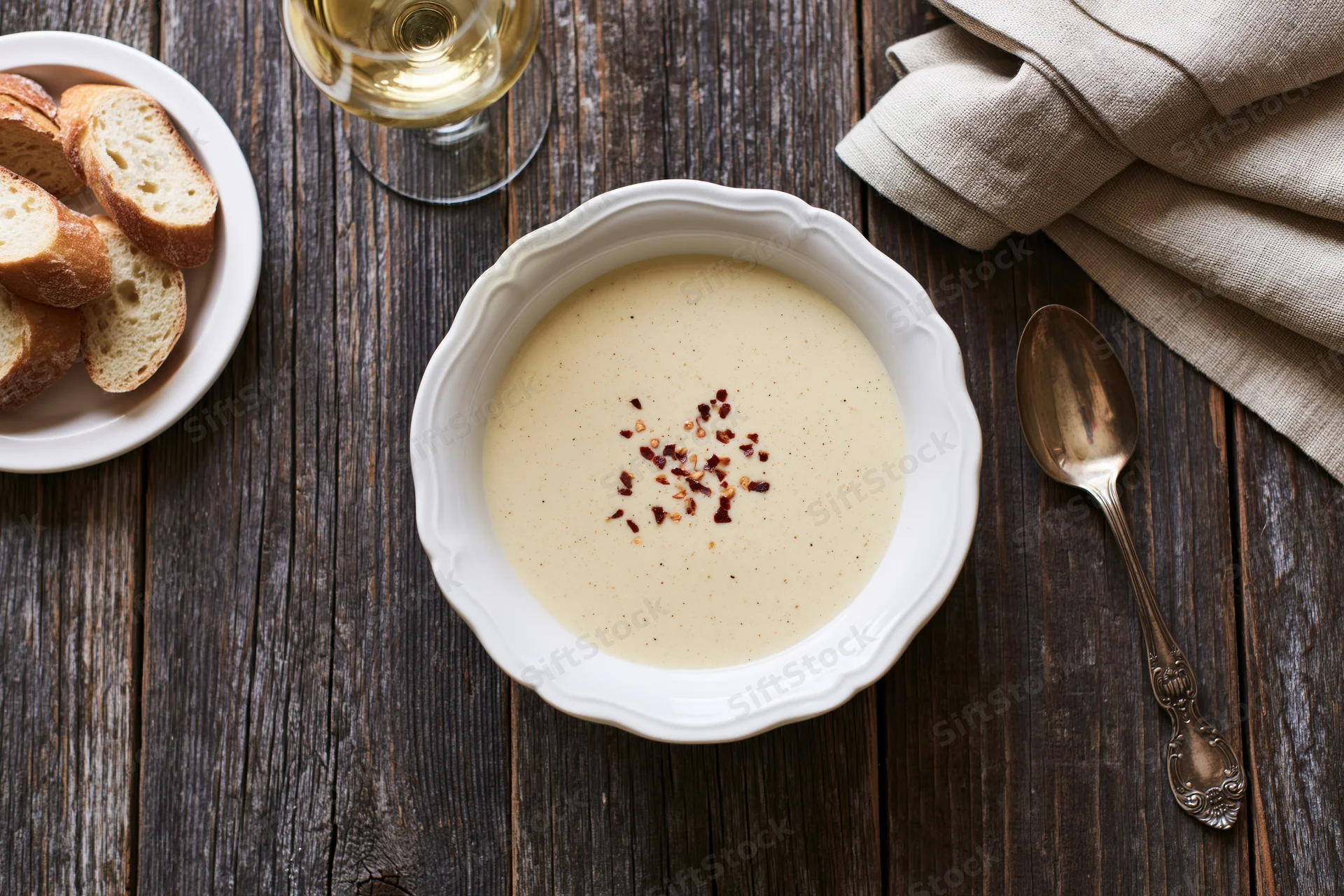 Cream soup with red pepper flakes in a white vintage bowl on a dark wooden table with bread, wine and spoon