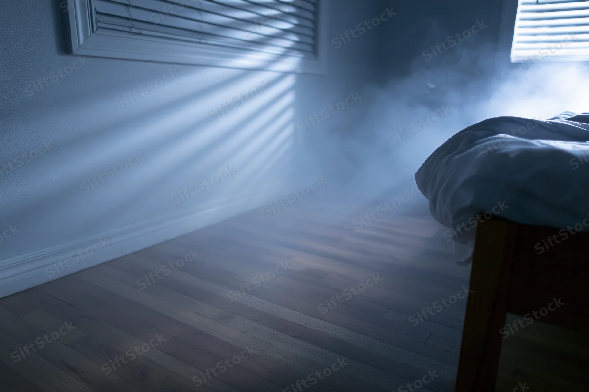 Dark bedroom at night with unmade bed and wooden frame, light filtering through blinds, smoke drifting across hardwood floor