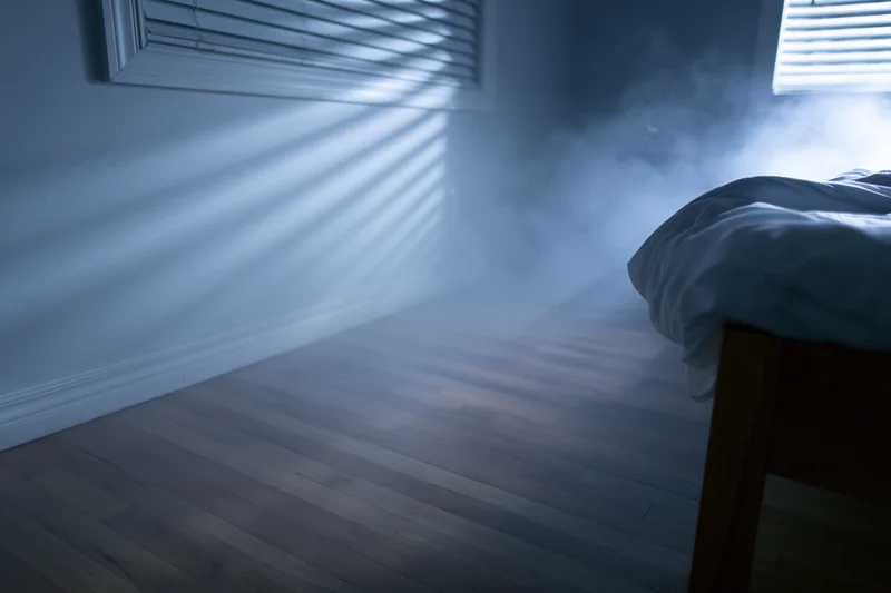 Dark bedroom at night with unmade bed and wooden frame, light filtering through blinds, smoke drifting across hardwood floor