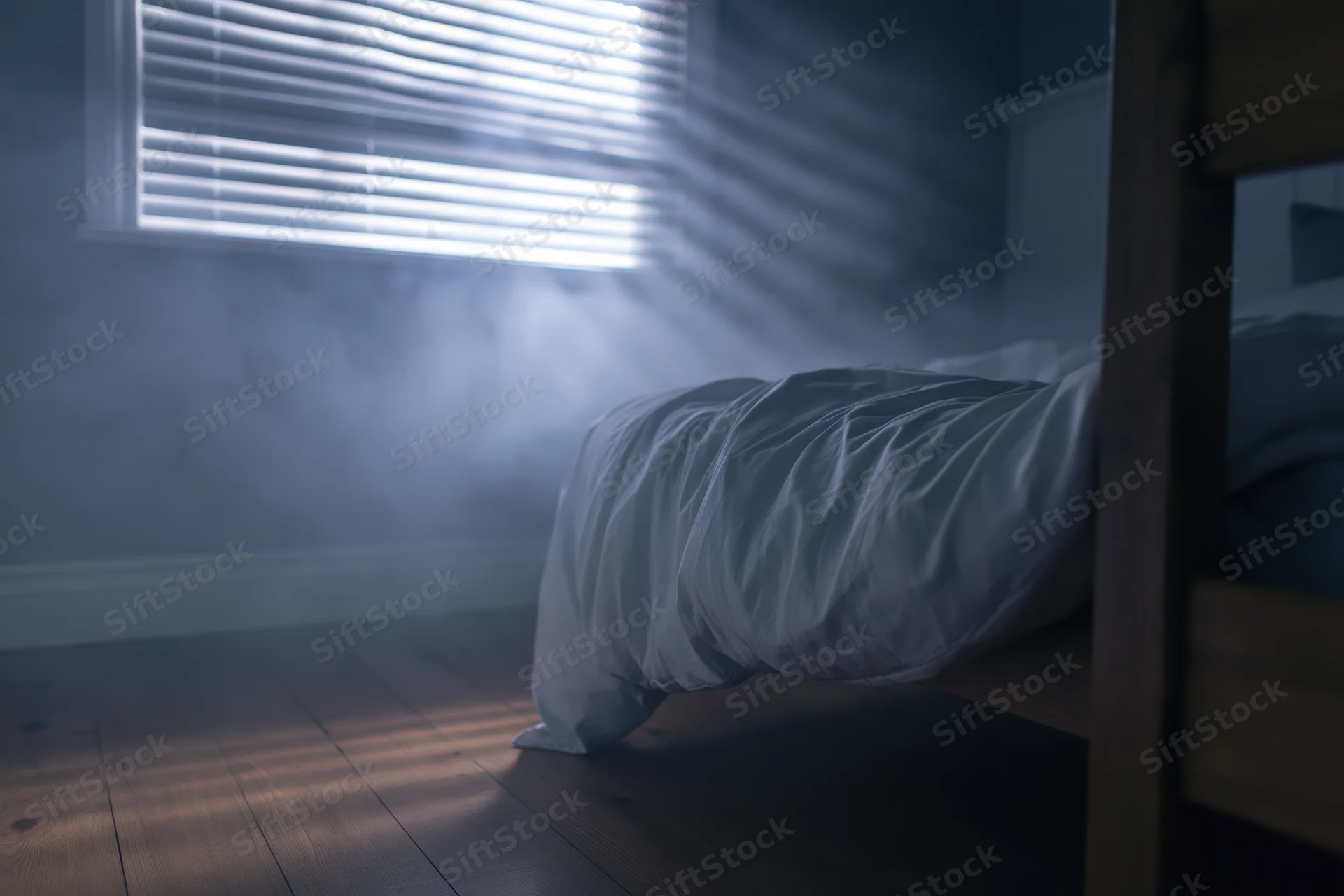 Unmade bed with wooden frame in dark bedroom lit by slanted sunlight through blinds