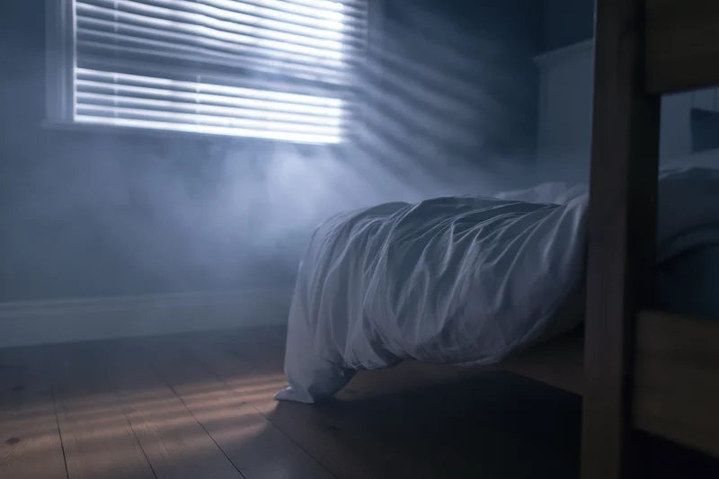 Unmade bed with wooden frame in dark bedroom lit by slanted sunlight through blinds