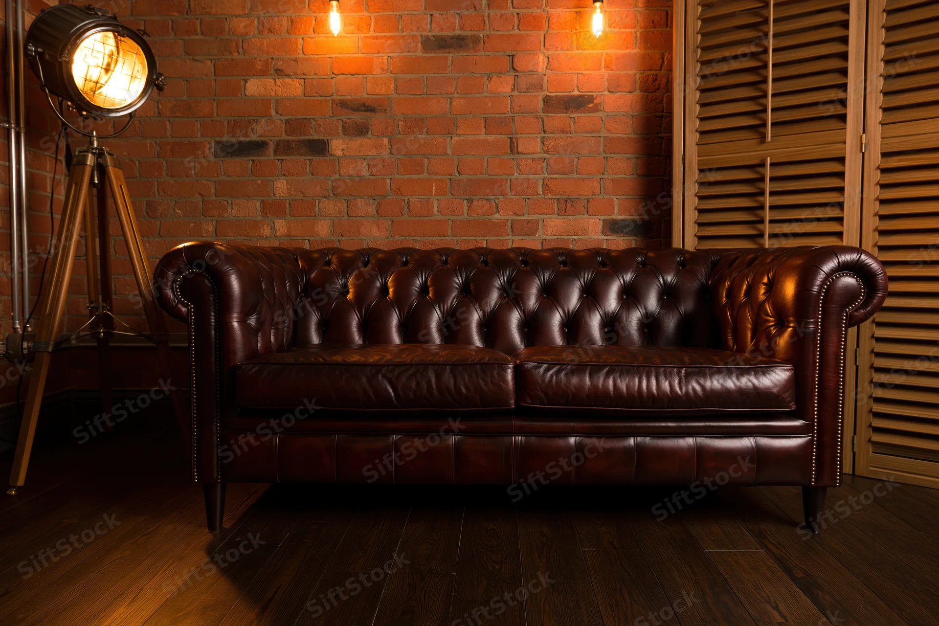 Dark brown tufted chesterfield leather sofa against brick wall with spotlight and wooden floor