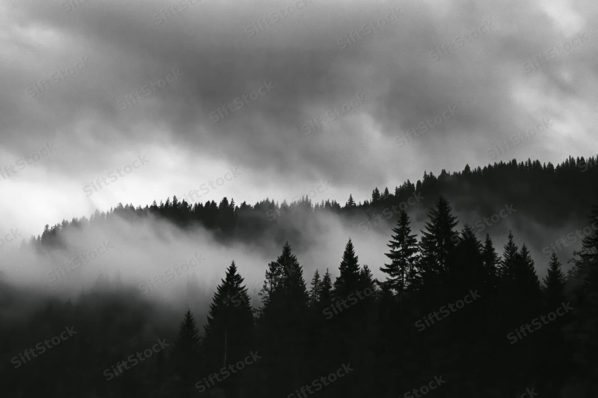Dark conifer treeline silhouetted along a forested ridgeline under foggy overcast sky