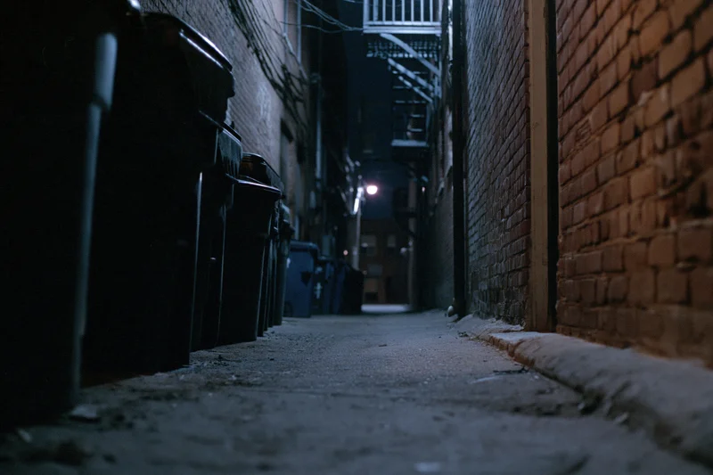 Dark urban alley at night with trash bins lined against brick walls and dim lighting