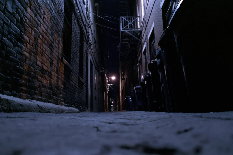 Low-angle view of empty dark alley at night with trash bins lined against brick walls and streetlight in distance