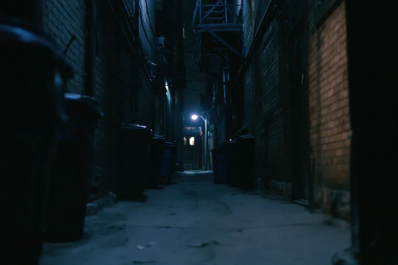 Dark urban alley at night with trash bins lined against brick walls under a single streetlight