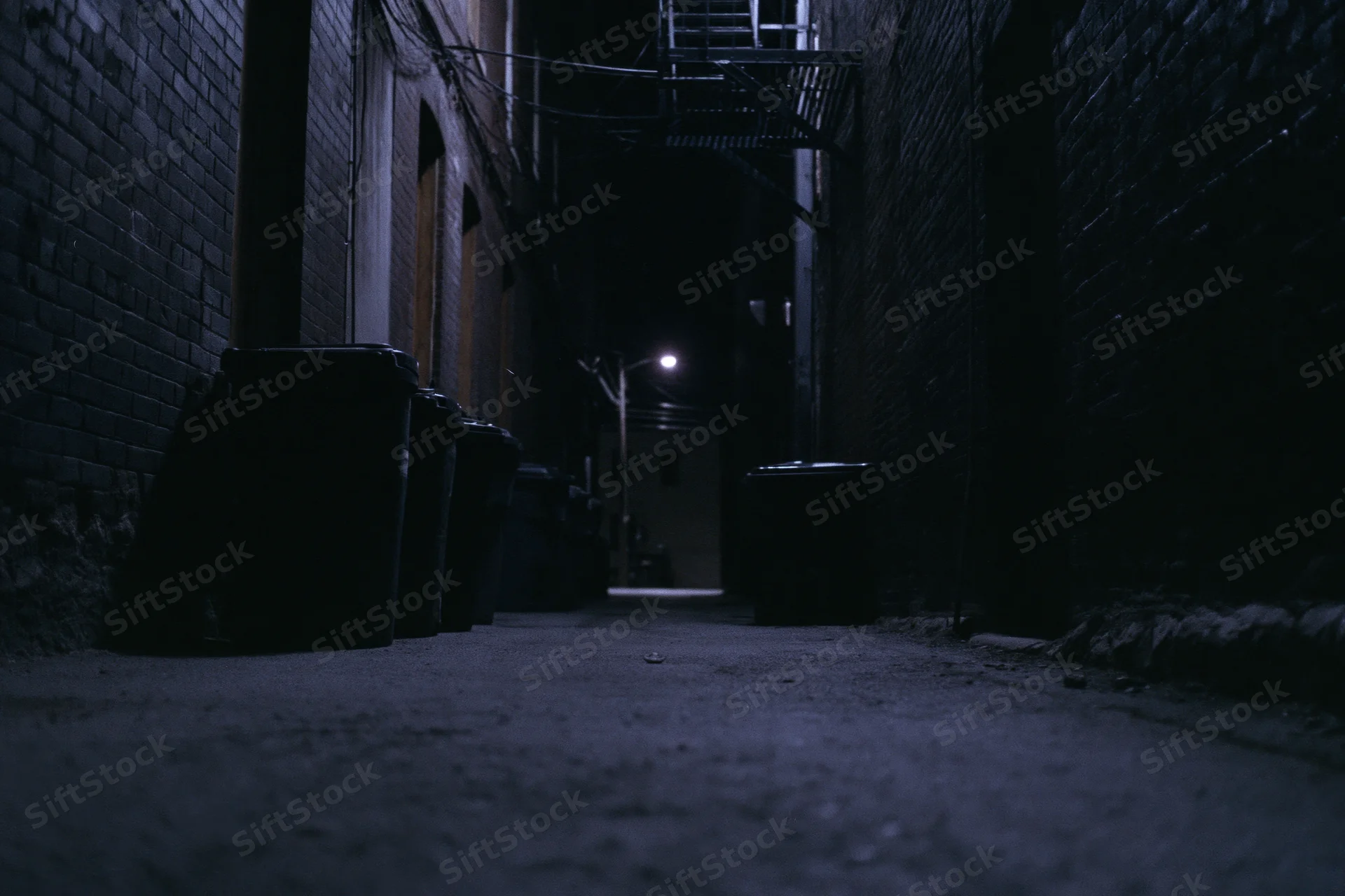 Dark urban alley at night with trash bins lined against brick walls under dim streetlight