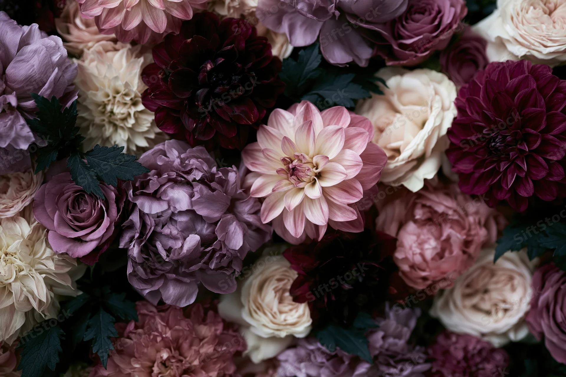 Dense floral arrangement of peonies, roses, and dahlias in shades of pink, purple, and cream