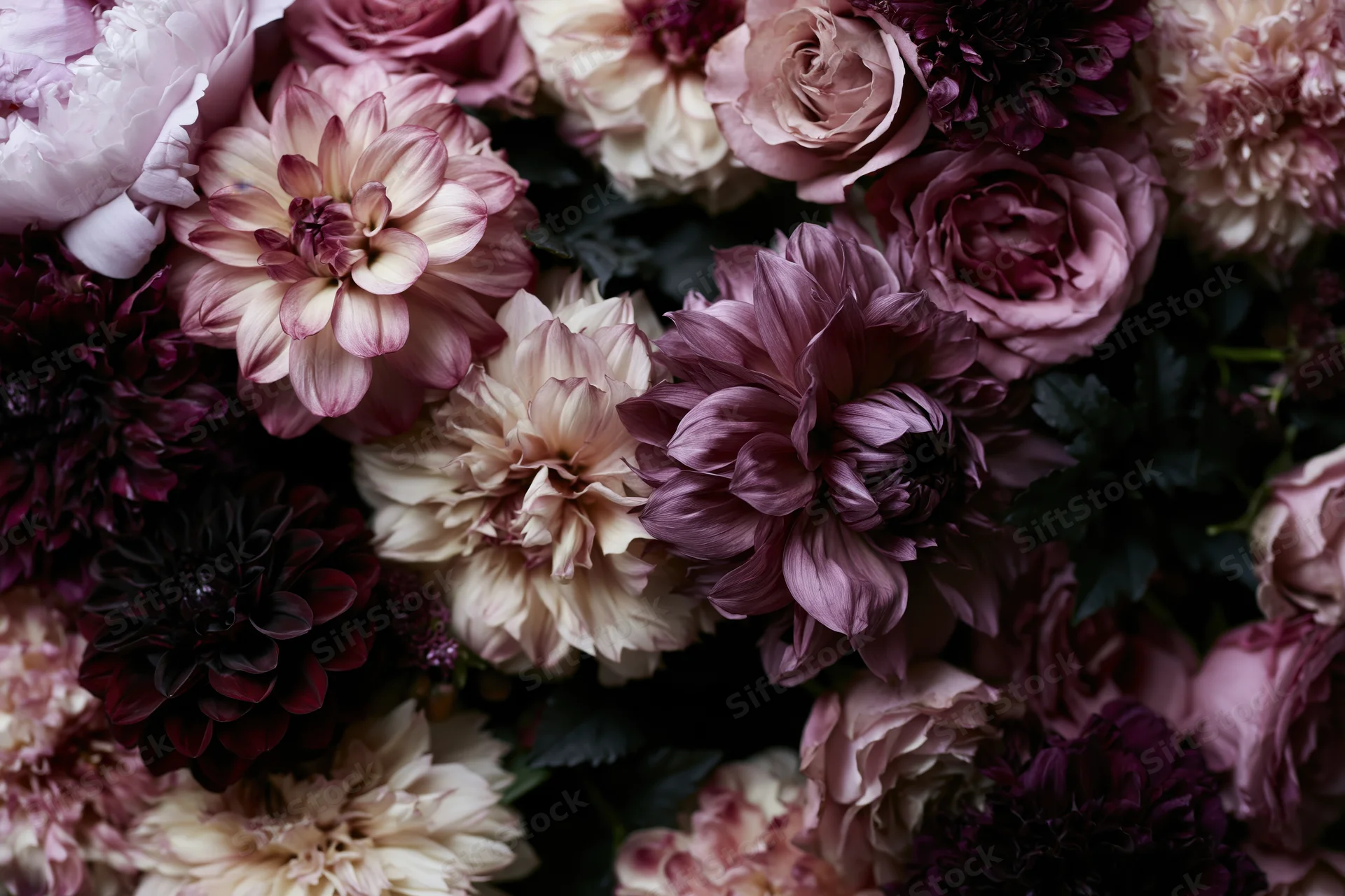 Dense floral arrangement of dahlias, roses, and peonies in soft pink and purple hues