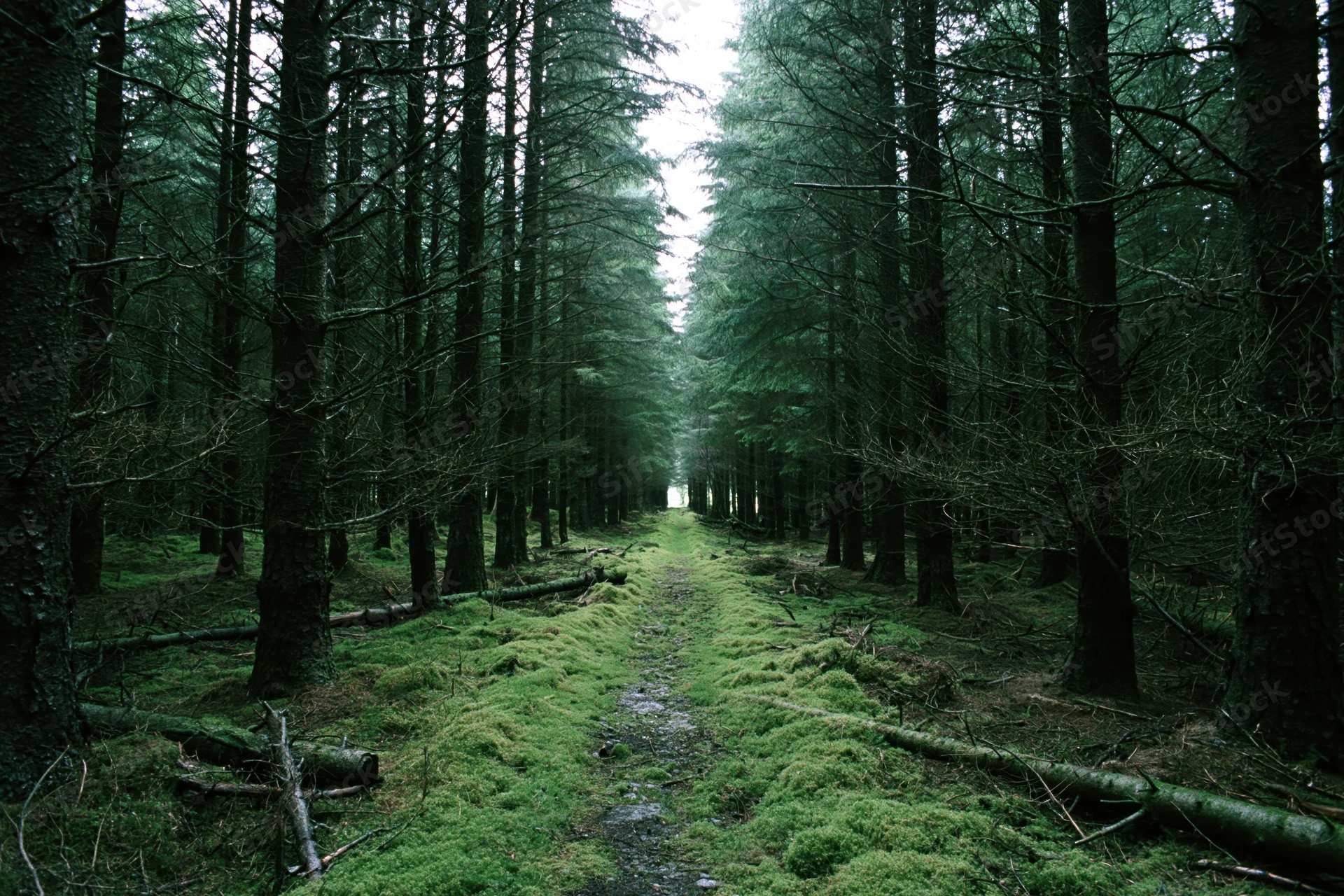 Narrow moss-covered path through dense conifer forest corridor