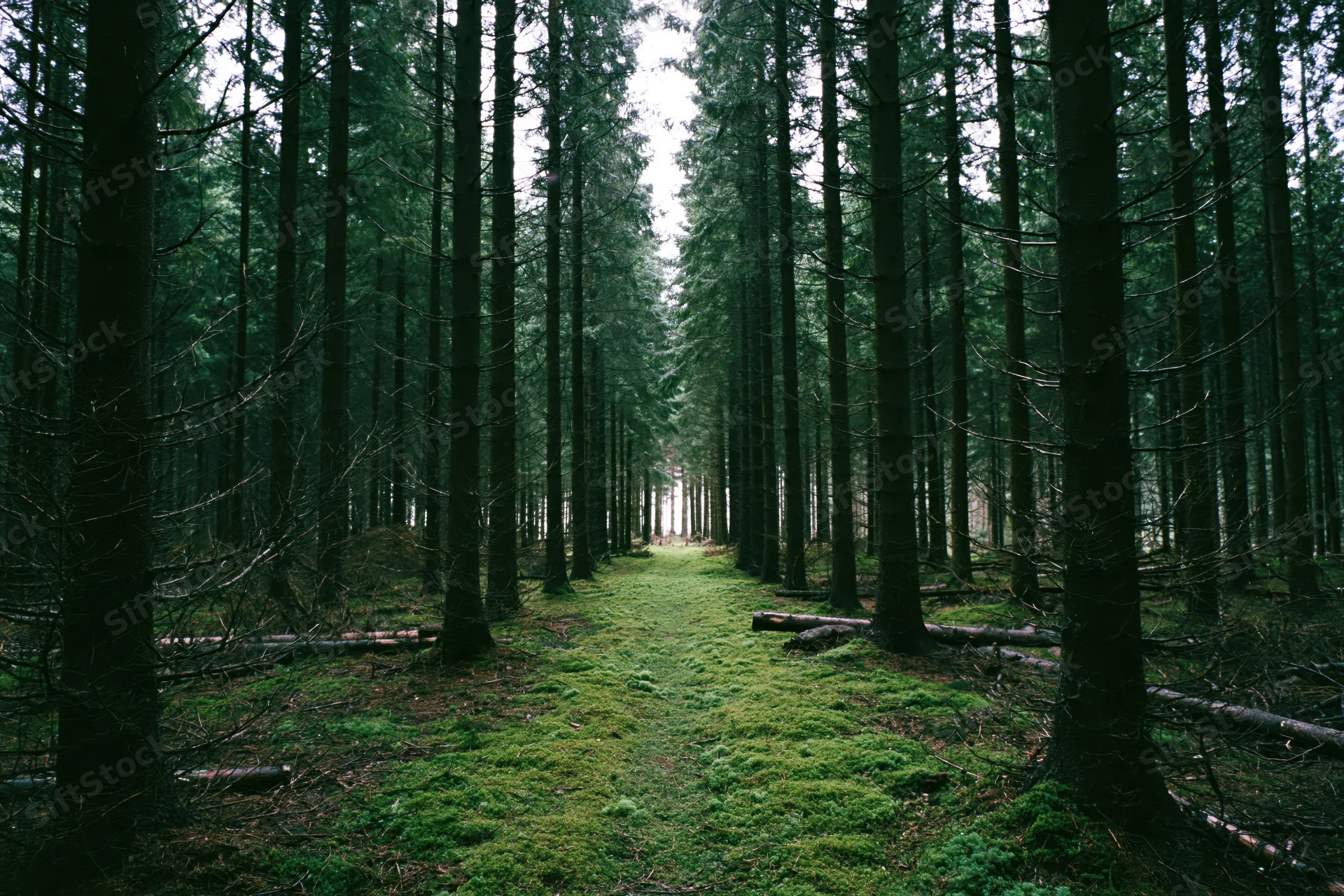 Narrow moss-covered path through dense conifer forest corridor