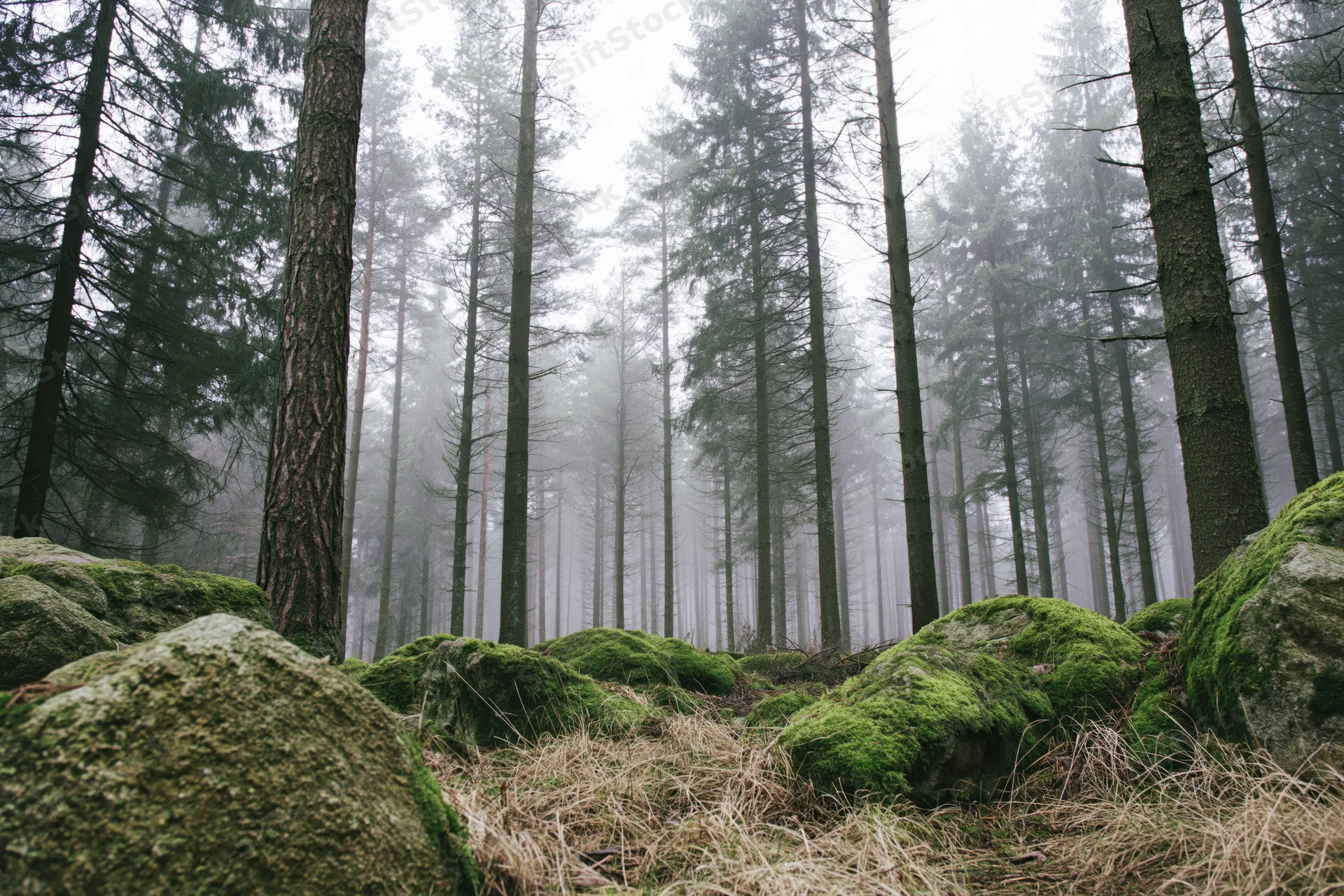 Tall straight conifer trees in misty forest with moss-covered rocks and dry grass on the ground