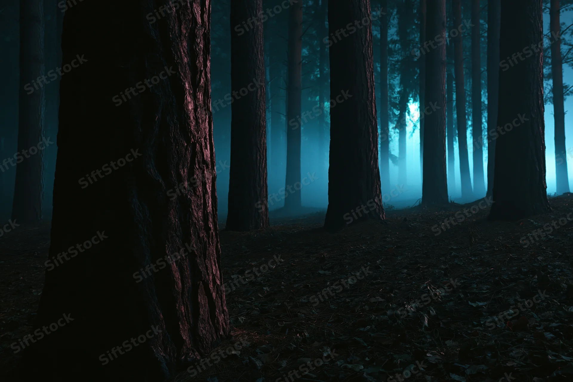 Dense pine forest at night with tall trunks rising from a dark leafy floor in misty atmosphere