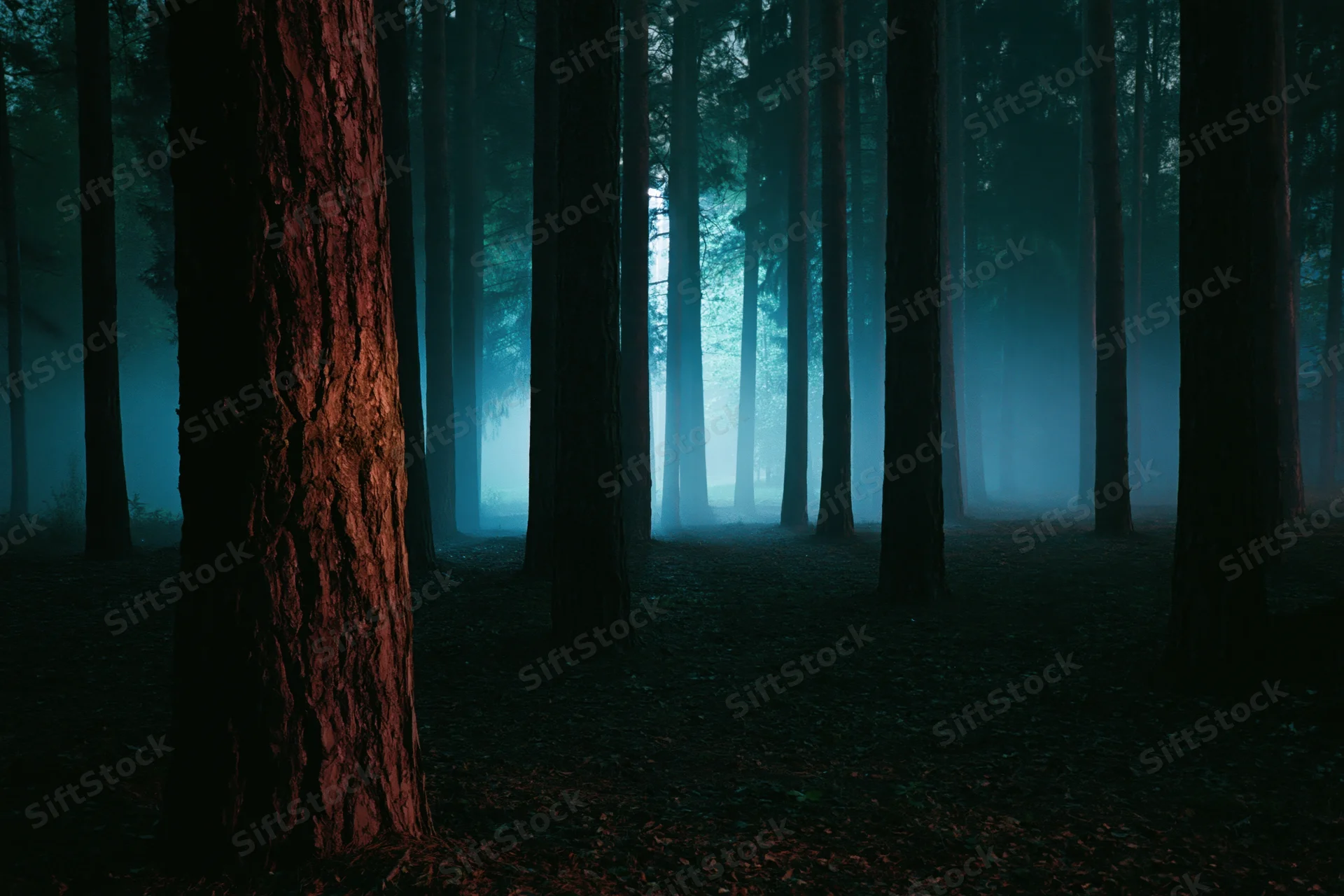Dense pine forest at night with misty atmosphere and tall tree trunks rising from dark ground
